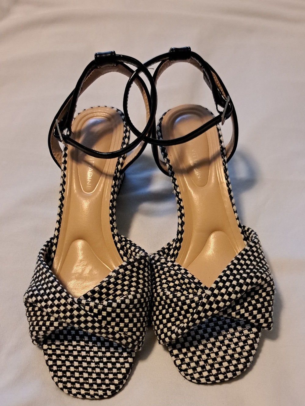 Adrienne Vittadini "Angi" Black & White Woven Ankle-Strap Wedges